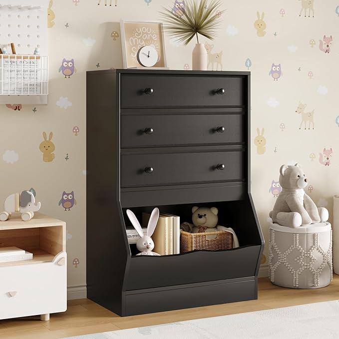 MHOM Toy Storage Organizer with Open Cube, Kids Bookshelf and Toy Storage with PU & Non-Woven Fabric Drawers, Small Book Shelf for Kids Rooms, Playroom and Nursery, Black