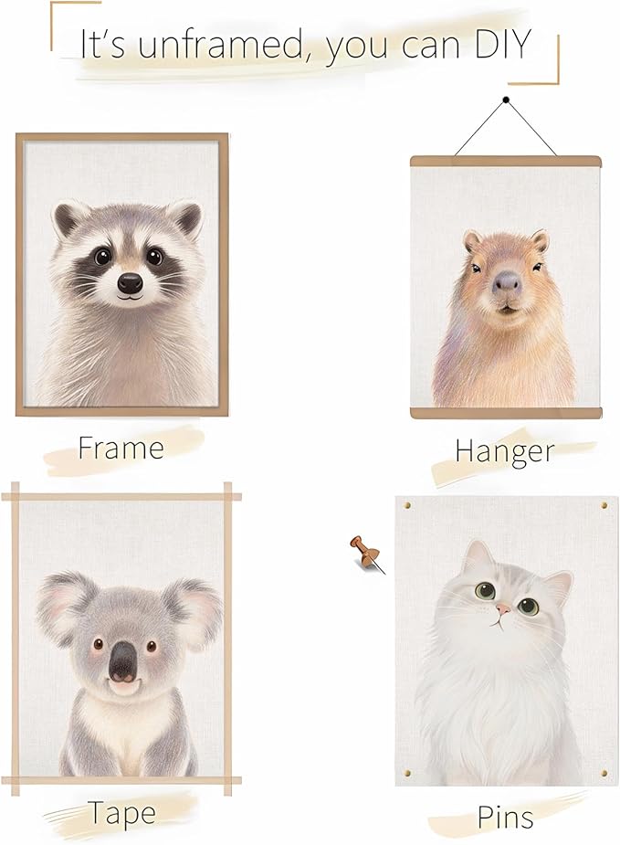Baby Safari Nursery Wall Decor - Picture Cute Animal Wall Prints on Canvas, Under 20 Dollars Gifts for Baby Boys & Girls Room, UNFRAMED Wall Art Set of 6-8" x 10"