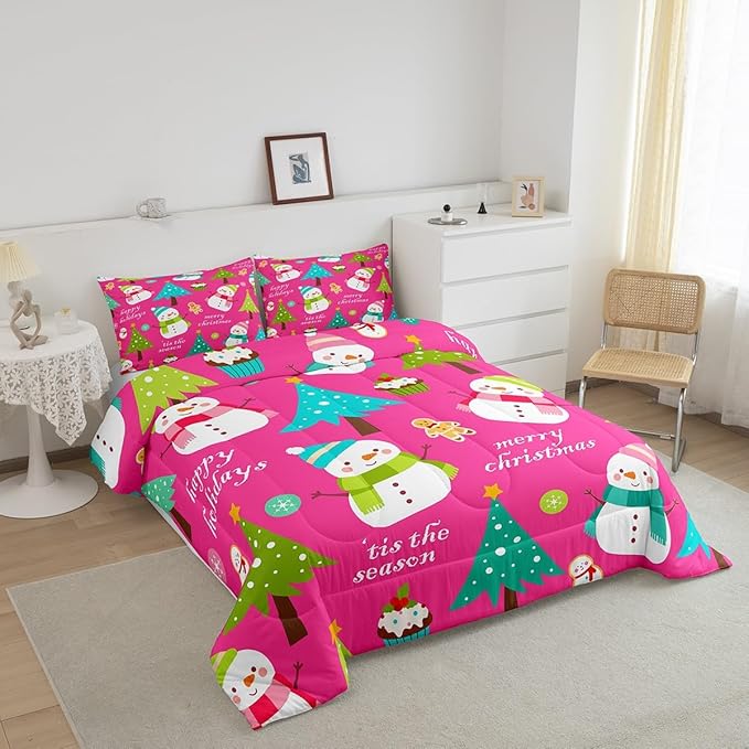 Erosebridal Christmas Kids Comforter Set Cartoon Snowman Quilts for Boys Girls Adults Xmas Tree Bedding Set Cartoon Snowflake Bedroom Decor Duvet Insert Full Size