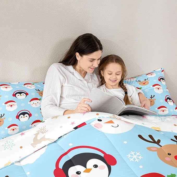 Feelyou Merry Christmas Comforter Set All Season Santa Claus Bedding Set with 2 Pillow Cases Deer Penguin Microfiber Kids Queen Bedclothes Snowman Bedroom Decor Duvet Quilt Breathable Soft Lightweight