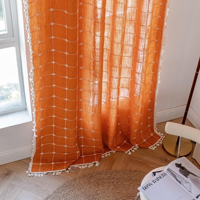 Deeprove Boho Curtains 72 Inches Long for Laundry Room Bathroom, Linen Plaids Embroidery Semi Blackout Bohemian Farmhouse Window Treatment Grids Drape Tassels, 1 Panel W52 x L72 Burnt Orange