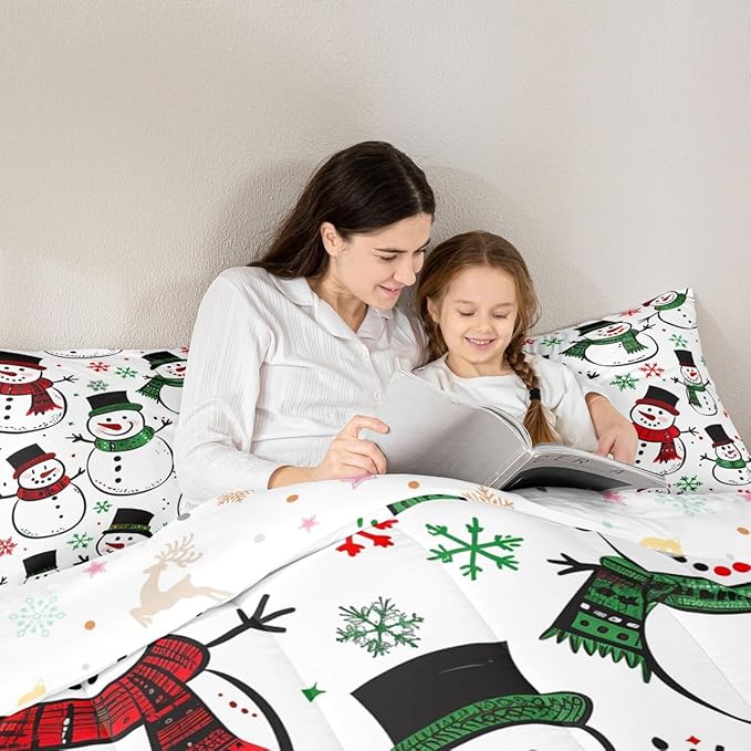 Feelyou Christmas Comforter Set All Season Snowman Bedding Set with 1 Pillow Cases Snowflake Microfiber Kids Twin Bedclothes Bedroom Decor Duvet Quilt Breathable Soft Lightweight