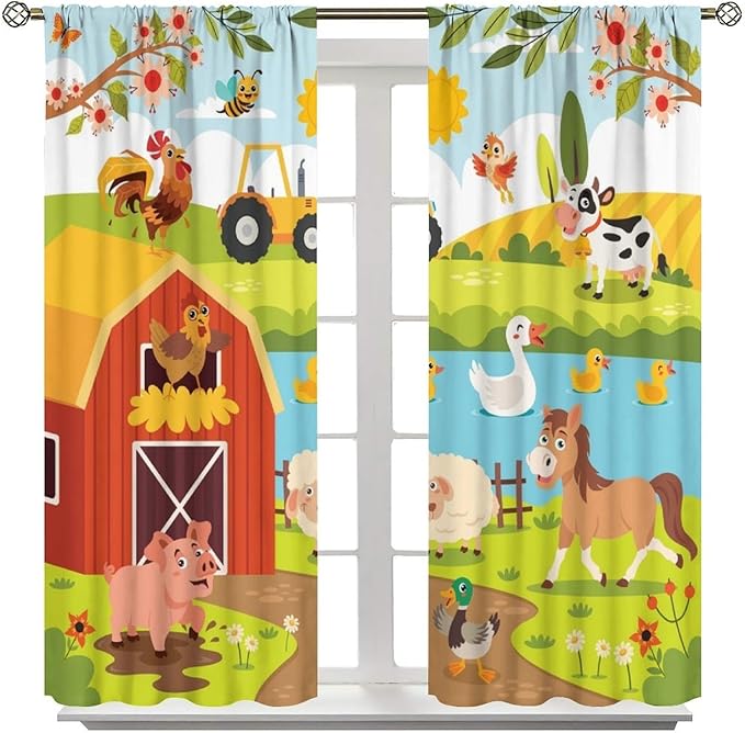 Farmhouse Curtains, Farm Scene Cartoon Animals Pattern Blackout Window Treatments, Rod Pocket Thermal Insulated Drapes 2 Panel Sets for Children Boys Bedroom Nursery Classroom, 52" W X 84" L