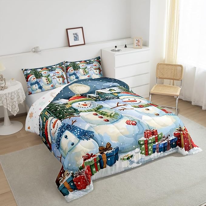 jejeloiu Kids Snowman Comforter Set King Size Countryside Christmas Theme Bedding Set for Boys Girls Teens Xmas Tree Snowflake Winter Happy New Year Duvet Quilt Room Decor
