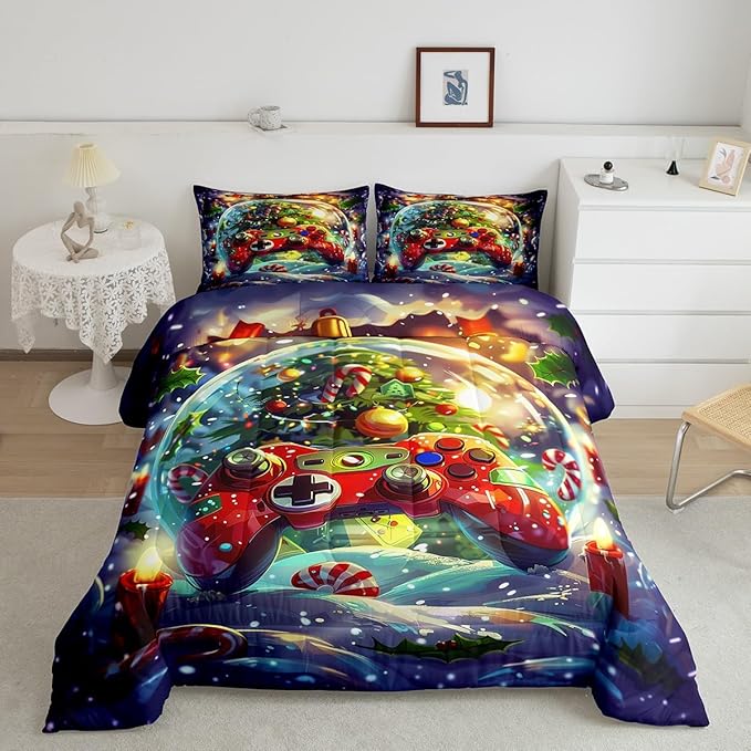 Video Games Kids Bedding Set Full Size,Christmas Tree Snowflake Comforter Set for Boys Girls Room Decor,Merry Christmas Gamer Duvet Insert 3Pcs,Xmas Red Gamepad Microfiber Quilt Set,2 Pillowcases
