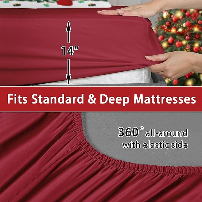 7 Pcs Full Size Christmas Comforter Set with 2 Pillowcases & 2 Shams, Green Cartoon Trees Bedding for Kids and Adults, Black Red Plaid Bed in a Bag with Flat Fitted Sheet