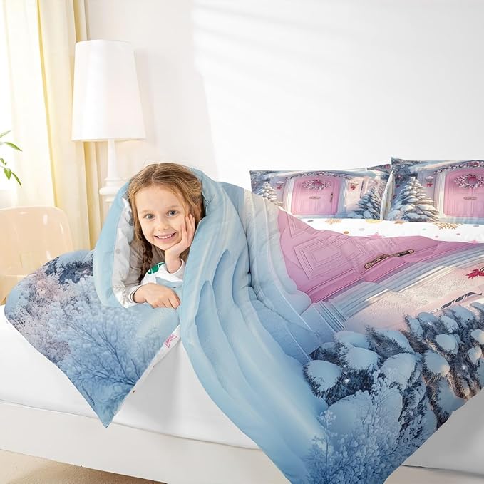 Feelyou Merry Christmas Kids Comforter Set Twin Size Winter Snowscape Bedding Set Pink Door Duvet Quilt for Kids Boys Girls Bedroom Garland Xmas Tree Decor Microfiber Ultra Soft Breathable