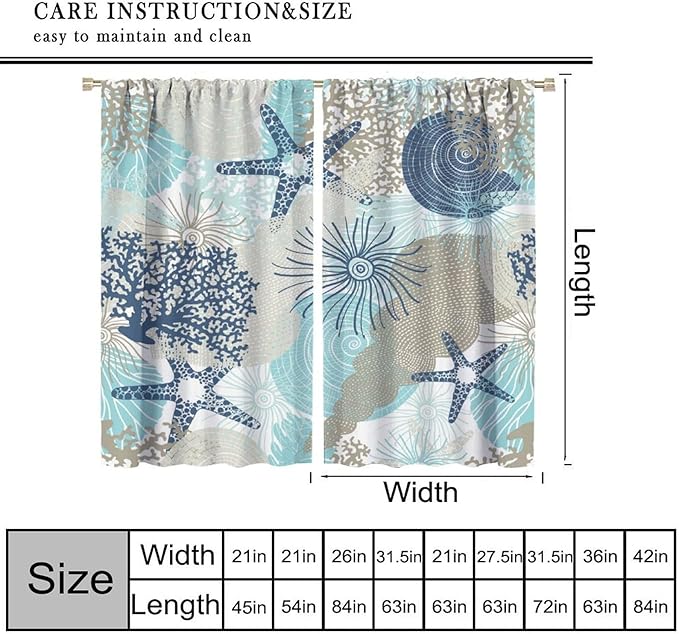 Shell Blackout Curtains Beach Shells Marine Life Water Grass Pattern Printed Curtains Suitable for Living Room Bedroom Privacy Curtains 42x44 Inches