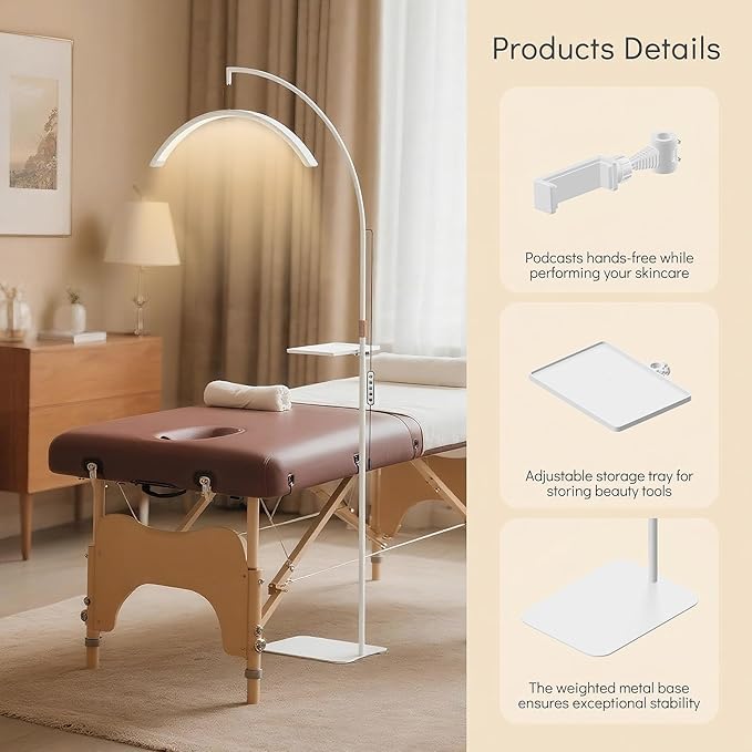 Lash Light 23 inch Floor Lamp for Eyelash Extensions Standing LED Half Moon Lights for Nail Art, Tattoos, Skincare with Adjustable Brightness & Height & Movable Tray & Phone Holder.