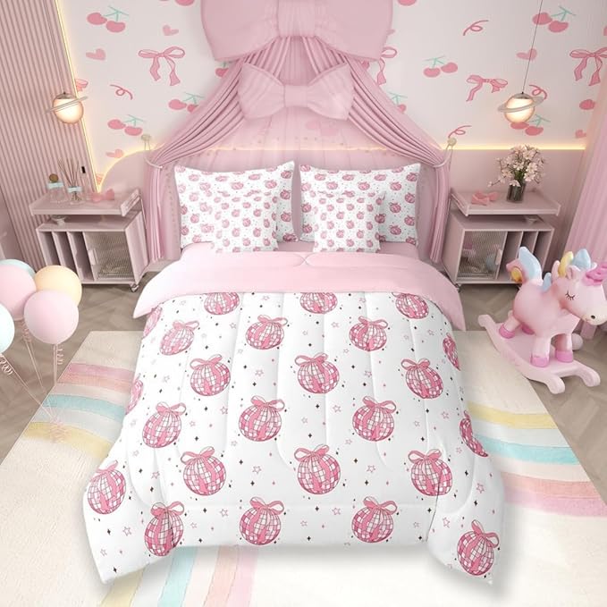 7 Pieces Bow Tie Princess Comforter Set Full,Western Cowgirl Disco Crystal Ball Dreamy Bedding Set,Star Bowknot Patchwork Romantic Pink（Comforter+Fitted+Flat Sheet+2 Pillowcases+2 Throw Pillow Covers）