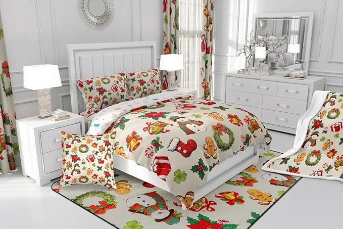 jejeloiu Merry Christmas Comforter Set Queen Size Cute Snowman Bedding Set for Kids Boys Girls Gingerbread Man Duvet Quilt Beige Bedroom Decor