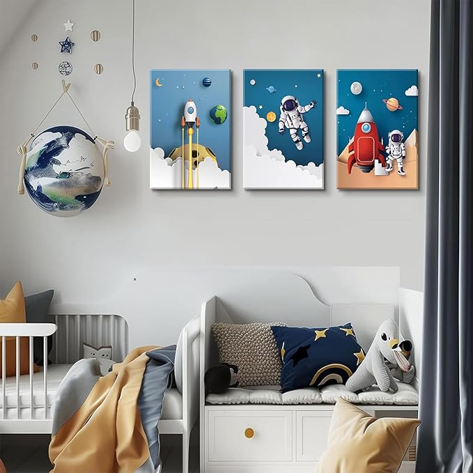 3Pcs Astronaut Canvas Wall Art Nursery Space Adventure Wall Decor Whimsical Space Themed Posters Artwork Rocket Spaceship Prints Pictures for Kids Room Boys and Girls Bedroom (16x24in Canvas)