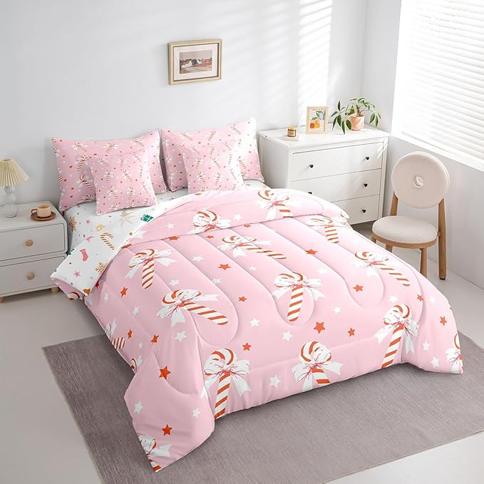 Feelyou Pink Christmas Girly Comforter Set with Sheets Kids Christmas Bowknot Bedding Set Boys Girls Bow Candy Decor Bed in a Bag Xmas Theme Bed Set Bedroom King Size