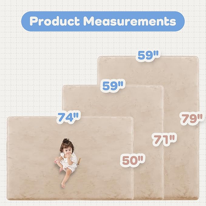1.3" Thick Baby Floor Play Mat 59x79, Basic Padded Foam Mat for Tummy Time Crawling, Non Slip Cushioned for Babies Toddlers Infants Kids (Beige)
