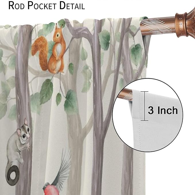 Woodland Animal Curtains, Cartoon Wild Rustic Forest Animals Pattern Blackout Window Treatments, Rod Pocket Thermal Insulated Drapes 2 Panel Sets for Kids Bedroom Nursery Classroom, 42" W X 63" L