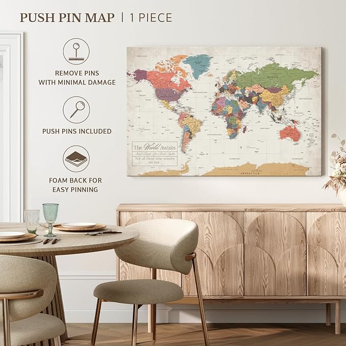 ElephantStock - Personalized World Awaits II Push Pin World Map Wall Art - Horizontal Canvas Wall Art - Living Room Wall Decor - Digital Art Map Canvas Art - Green And Beige Decor - 36" x 24"