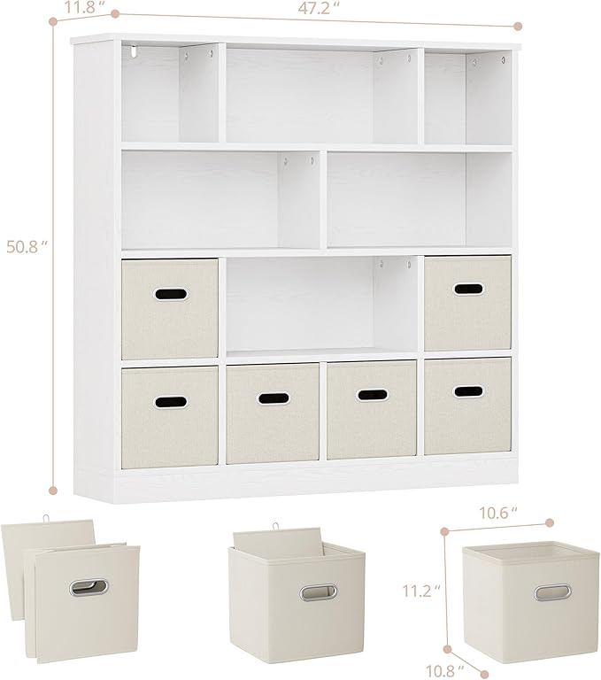 IRONCK Toy Storage Organizer with 6 Bins, Wooden 4-Tier Floor Standing Open Bookshelf Storage Cubby, 12-Cube Storage Shelf Bookcase, Kids Bookshelf and Toy Storage, Beige