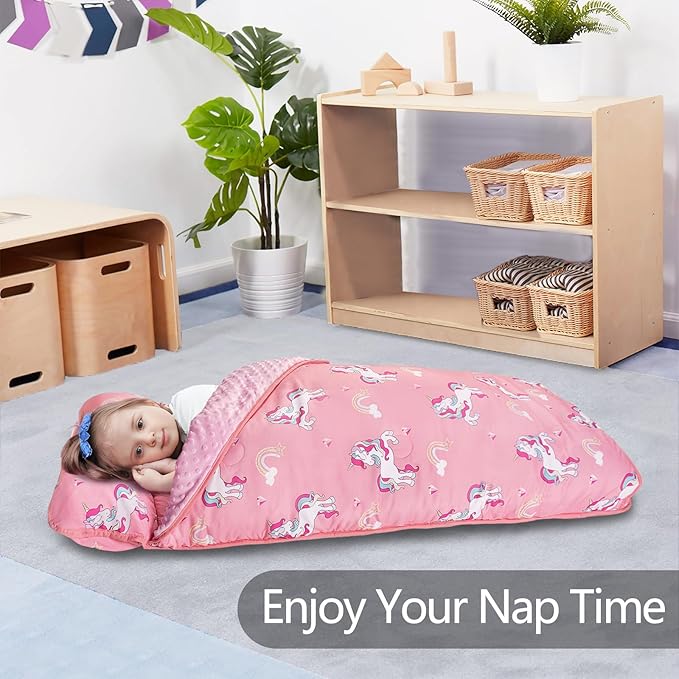 Primlect Thickened Toddler Nap Mat with Removable Pillow and Minky Blanket, Extra Large 55''x35'' Sleeping Bag, Washable, Roll up, Perfect for Daycare, Preschool, Kindergarten, Boys and Girls Pink