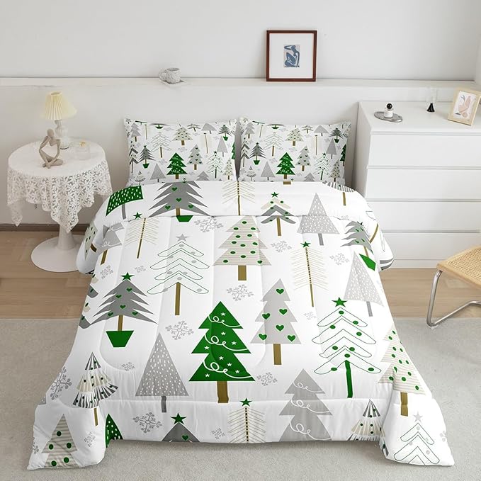 Castle Fairy Xmas Trees Comforter Set Queen Size,Merry Christmas Pine Hand Drawn Bedding Set for Women Adult,Green Plant Snowflakes Winter Luxury Bed Duvet Insert, 2 Pillowcases