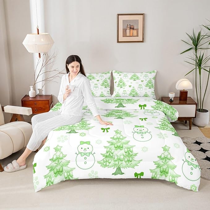Feelyou Merry Christmas Comforter Set All Season Cute Snowman Bedding Set with 2 Pillow Cases Cartoon Bowknot Microfiber Kids Queen Bedclothes Christmas Tree Duvet Quilt Breathable Soft Lightweight