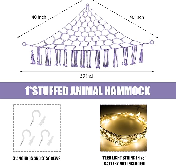 Stuffed Animal Hammock with LED Light, Large Stuffed Animals Storage Corner Plushie Net for Kids Room Decor, Purple