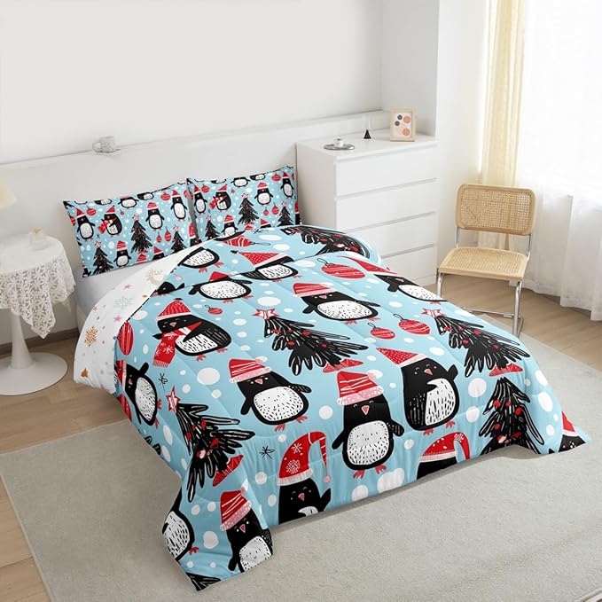 Feelyou Christmas Comforter Set All Season Penguin Bedding Set with 2 Pillow Cases Xmas Tree Microfiber Kids Full Bedclothes Christmas Balls Bedroom Decor Duvet Quilt Breathable Soft Lightweight