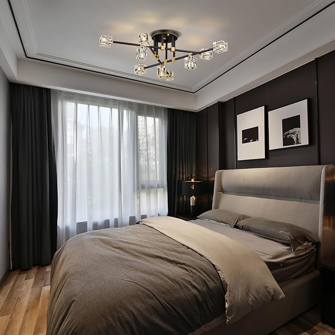 Modern Sputnik Chandelier, Semi Flush Mount Ceiling Light Fixture with 9-Lights, Black and Gold K9 Crystal Ceiling Light for Living Room, Dining Room, Foyer,Kitchen Island,Bedroom