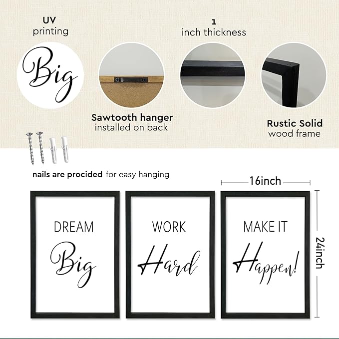 YWJKWLGS Motivational Wall Decor for Office & Home 16x24 Inch Set of 3 Inspirational quotes Wall Art Wood Frame Hanging Dream Big Work Hard Make It Happen positive affirmations Sign (Black)