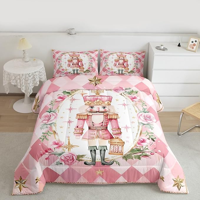 Feelyou Christmas Comforter Set King Size Pink Nutcrackers Bedding Set for Kids Boys Girls Floral Duvet Quilt Funny Nutcracker Bedroom Decor Rose Microfiber 3 Pcs with 2 Pillow Cases