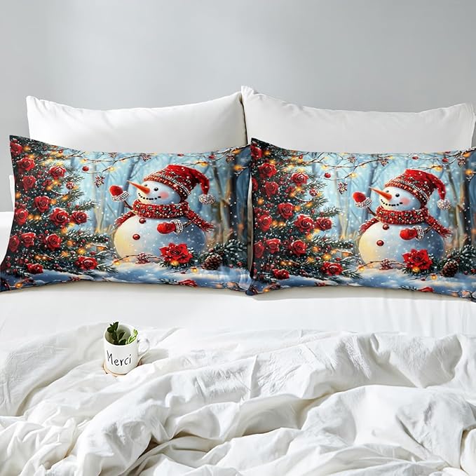Manfei Christmas Kids Duvet Cover Set Queen Size, Cute Snowman Xmas Bedding Set for Boy Girls Room Decor, Red Flower New Year Comforter Cover, Lightweight Bedspread Cover, 2 Pillowcases, No Comforter