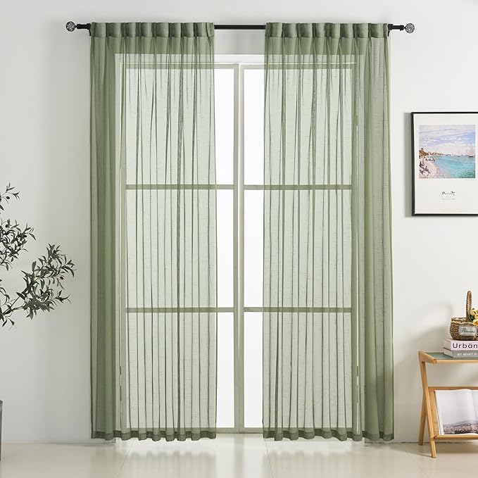 Sage Green Linen Look Pinch Pleated Sheer Curtains 102 Inches Long 2 Panels, 50 Inches Width, Rustic Textured Light Filtering Drapes, Elegant Floor to Ceiling Window Curtain with Hooks
