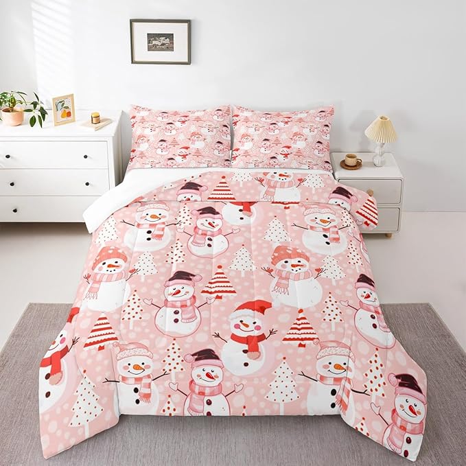 Manfei Christmas Comforter Set King Size, Snowman and Xmas Trees Down Comforter with 2 Pillowcases, New Year Pink Bedding Set 3pcs for Kids Girls Adults Bedroom Decor Lightweight Duvet Insert