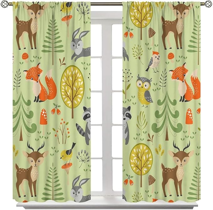 Cute Animals Curtains, Fox Bear Cartoon Wild Animals Blackout Window Treatments, Rod Pocket Thermal Insulated Drapes 2 Panel Sets for Kids Bedroom Nursery Classroom, 42" W X 63" L