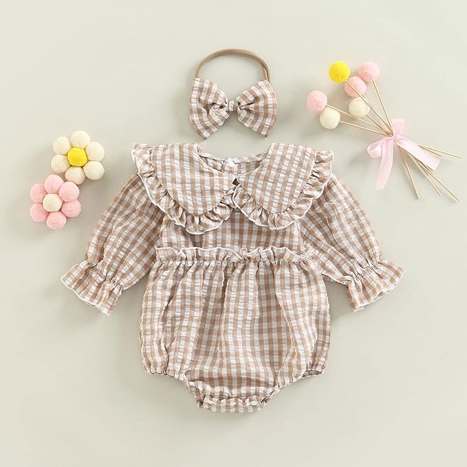 Karuedoo Newborn Baby Girl Clothes Gingham Plaid Bubble Romper Long Sleeve Ruffle Bodysuit with Headband Spring Fall Outfit