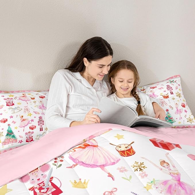 Feelyou Pink Christmas Kids Comforter Set Toddler Size Ballet Nutcracker Bedding Set Snowflake Duvet Quilt for Kids Boys Girls Bedroom Decor Microfiber Ultra Soft Breathable