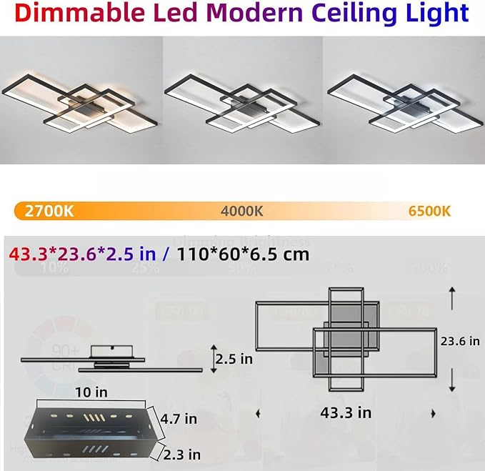 Modern Dimmable LED Ceiling Light Fixture,With remote control 3 Color Selectable Flush Mount Ceiling Lamp Ceiling Lights for sitting room Kitchen Bedroom Hallway Porch(Black, 43.3*23.6*2.5 IN)