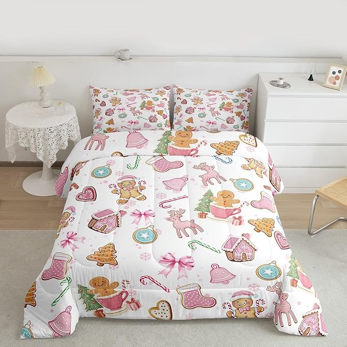 Cute Bow Tie Girls Bedding Set Twin Size,Pine Tree Merry Christmas Elk Deer Comforter Set,Bowknot Gingerbread Man Snowflake Quilt Comforter Teens,Pink White Colorful Room Decor All Season,1 Pillowcase