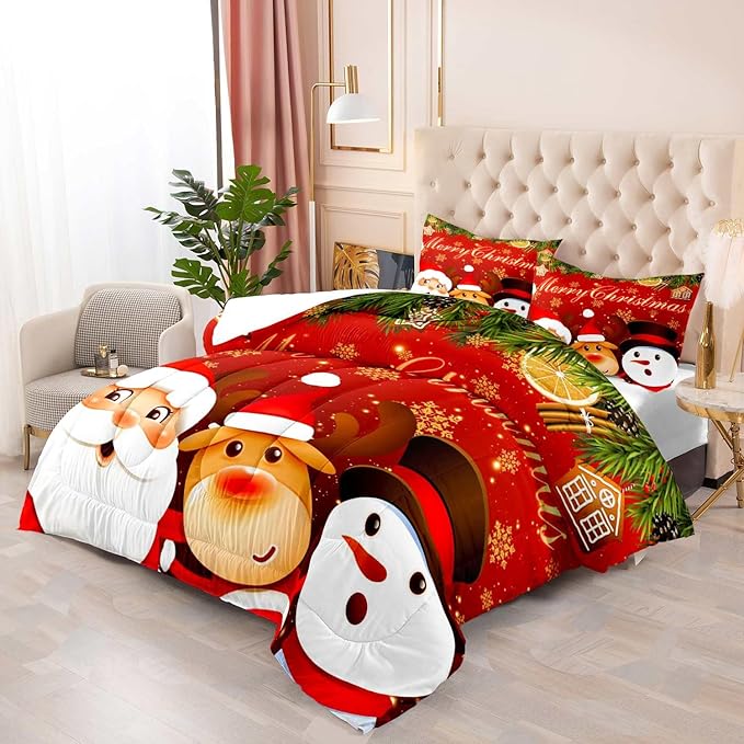 LUVIVIHOME 3PCS Merry Christmas Comforter Set King Size, Reindeer Snowman Santa Claus Bedding, Holiday New Year Cute Christmas Bedroom Decor for Kids Boys Girls Teens, Xmas Gifts, 2 Pillow Cases