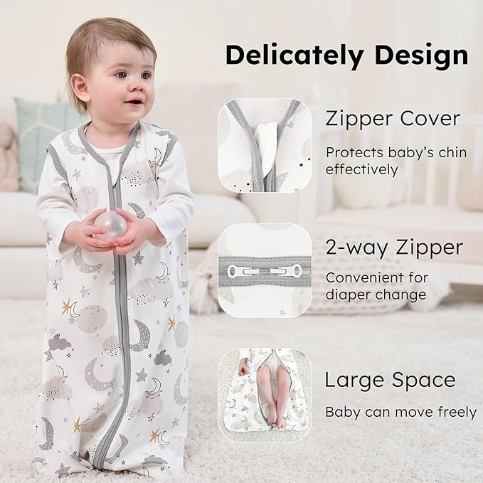 Baby Sleep Sack 12-18 months, 100% Cotton Sleeping Sack for Newborn and Infant, 3 Pack Baby Wearable Blanket for Boy and Girl, 0.5 Tog Lightweight Double Zipper Sleep Bag Grey Moon Bear