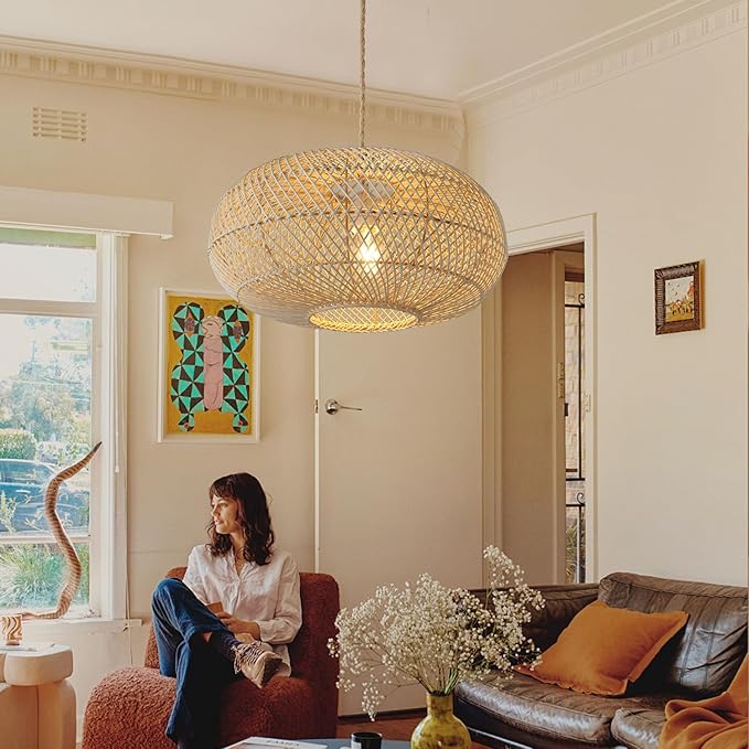Rattan Pendant Light 16" 1-Light Hand-Woven Rattan Hanging Light，Wicker Woven Basket Chandelier，Modern Bohemian Pendant Lamp for Kitchen Island Foyer Farmhouse Porch