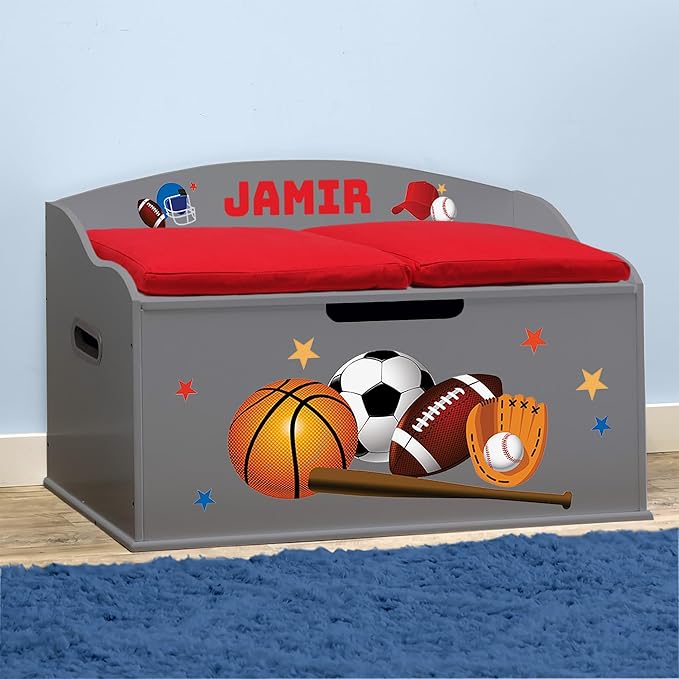 DIBSIES Personalized Creative Wonders Toy Box, Sports, 30 x 19.25 x 18 inches, Soft-Close Lid (Dovetail Grey)