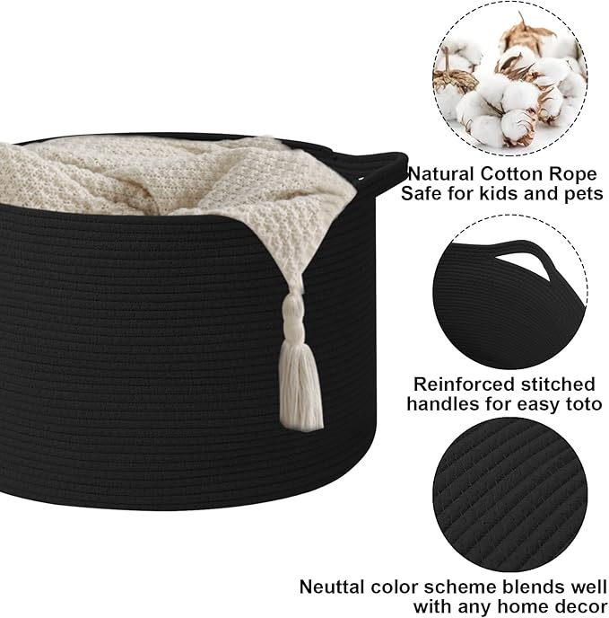 Large Blanket Basket for Organizing,65L Closet Organizers and Storage Bins Box for Shelves Woven Rope Storage Baskets,Living Room,Bedroom,Dorm,Laundry room (Black)