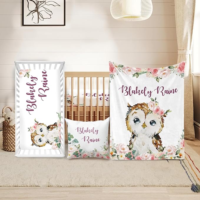Custom Crib Bedding Set - Owl Design Personalized Name Baby Nursery Bedding 3 Pcs Set - Chic Soft Blanket, Sheet, Pillowcase for Newborns Boys Girls Gifts Color12