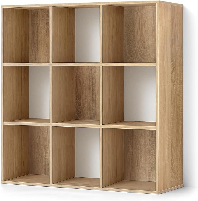 CAPHAUS 11-Inch Cube Storage Organizer Shelf, Home Storage Shelf Divider w/Back, 9-Cube Storage Bookcase, Natural Oak