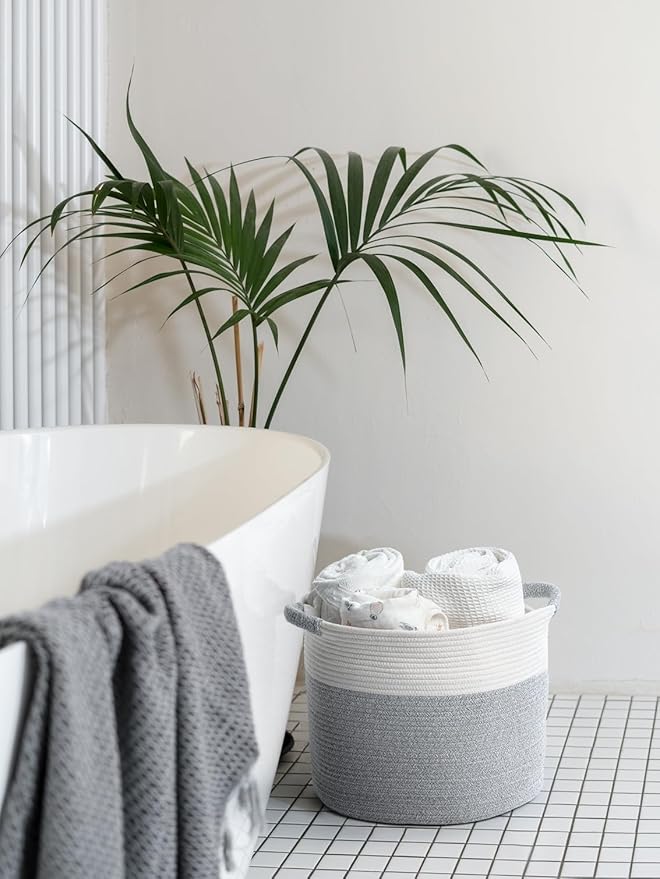 Blanket Basket - Woven Round Rope Storage Basket (16"Wx14"H) for Blankets & Throws, Small Laundry & Toy Organizer, Decorative Living Room & Bedroom Cotton Basket - White & Gray