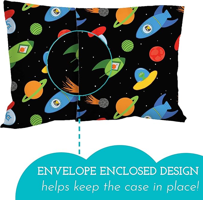Little Sleepy Head Youth Pillow with Pillowcase 16x22, Soft Jumbo Toddler Pillow & Hypoallergenic Pillowcase - Perfect Kids Travel Pillow (Space 'N Rockets)