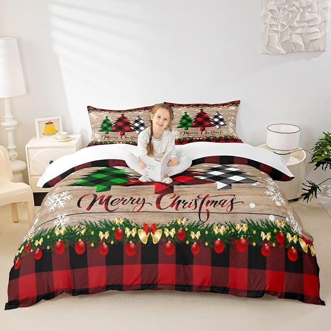 Manfei Plaid Tree Duvet Cover Set King Size, Wooden Stripe Print Bedding Set 3pcs for Kids Boys Girls Bedroom Decor, Christmas Theme New Year Comforter Cover with 2 Pillowcases,No Comforter