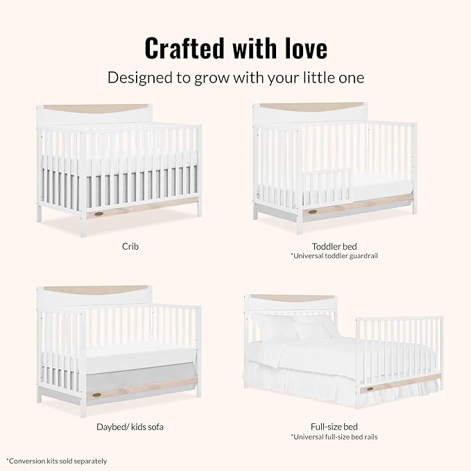 Dream On me Emerson 5-in-1 Convertible Full-Size Baby Crib in White & Vintage Oak, GreenGuard Gold & JPMA, Converts to Toddler, Day, & Full-Size Bed, Non-Toxic Paint, Safe Sleep Environment