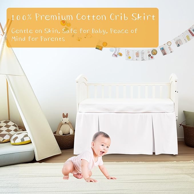 Crib Bed Skirt Dust Ruffle 100% Cotton - Natural, Soft, Breathable for Baby's Delicate Skin, Nursery Toddler Crib Bed Skirt for Baby Boys Girls, Fits Standard Cribs 28" x 52" with 14" Drop