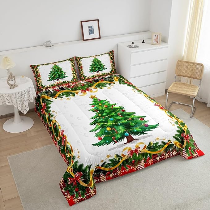 Christmas Tree Comforter Set Queen Size,Merry Christmas Bedding Set for Kids Boys Girls Room Decor,Snowflake Bowknot Green Pine Leaves Duvet Insert 3Pcs,Xmas Plaid Patchwork Quilt Set,2 Pillowcases